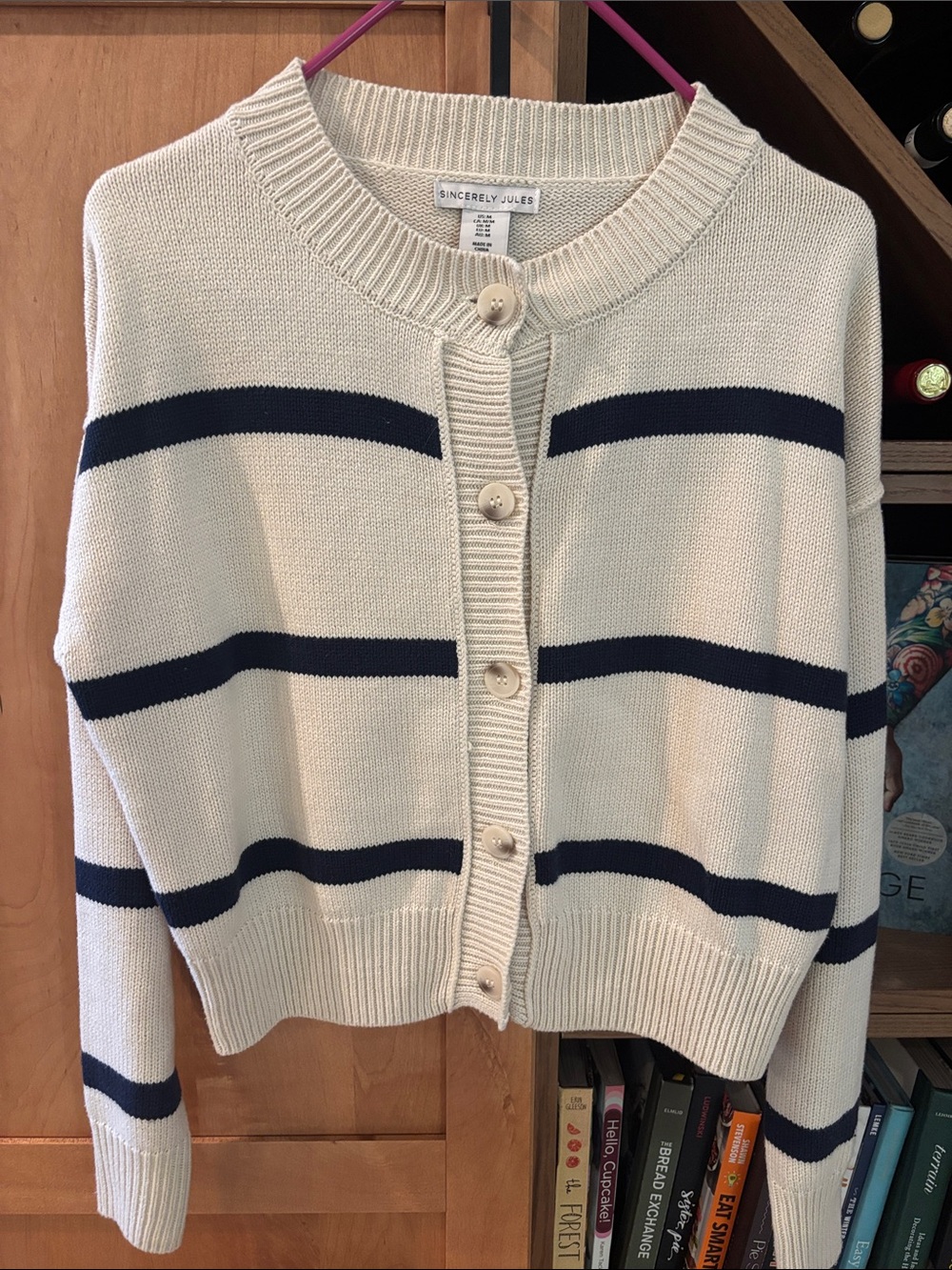 Sincerly Jules Cream Cardigan with Navy Stripes